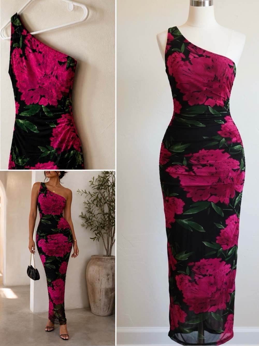 Women’s One Shoulder Ruched Floral Bodycon Maxi Dress Pink Black Y2K Large